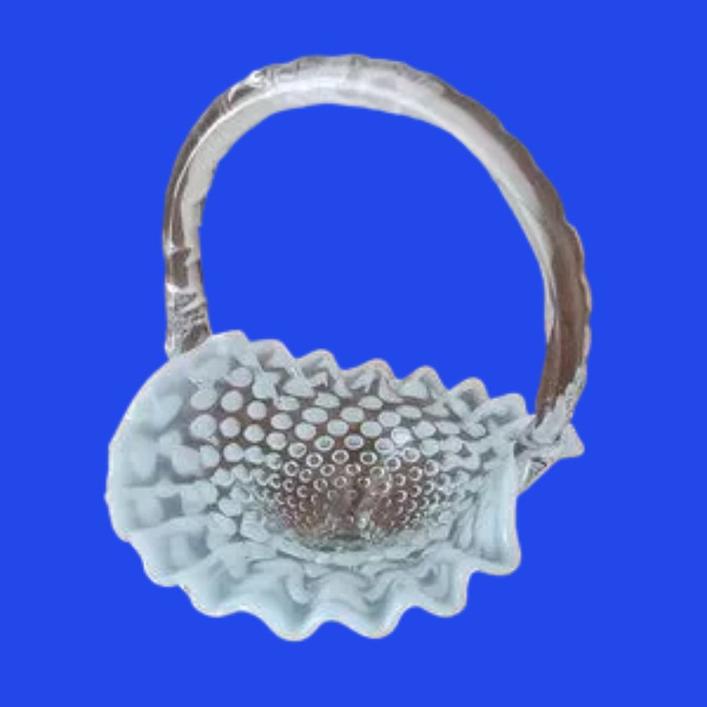 Vintage Fenton Milk Glass Hobnail Small Basket with Clear Bamboo Style Handle